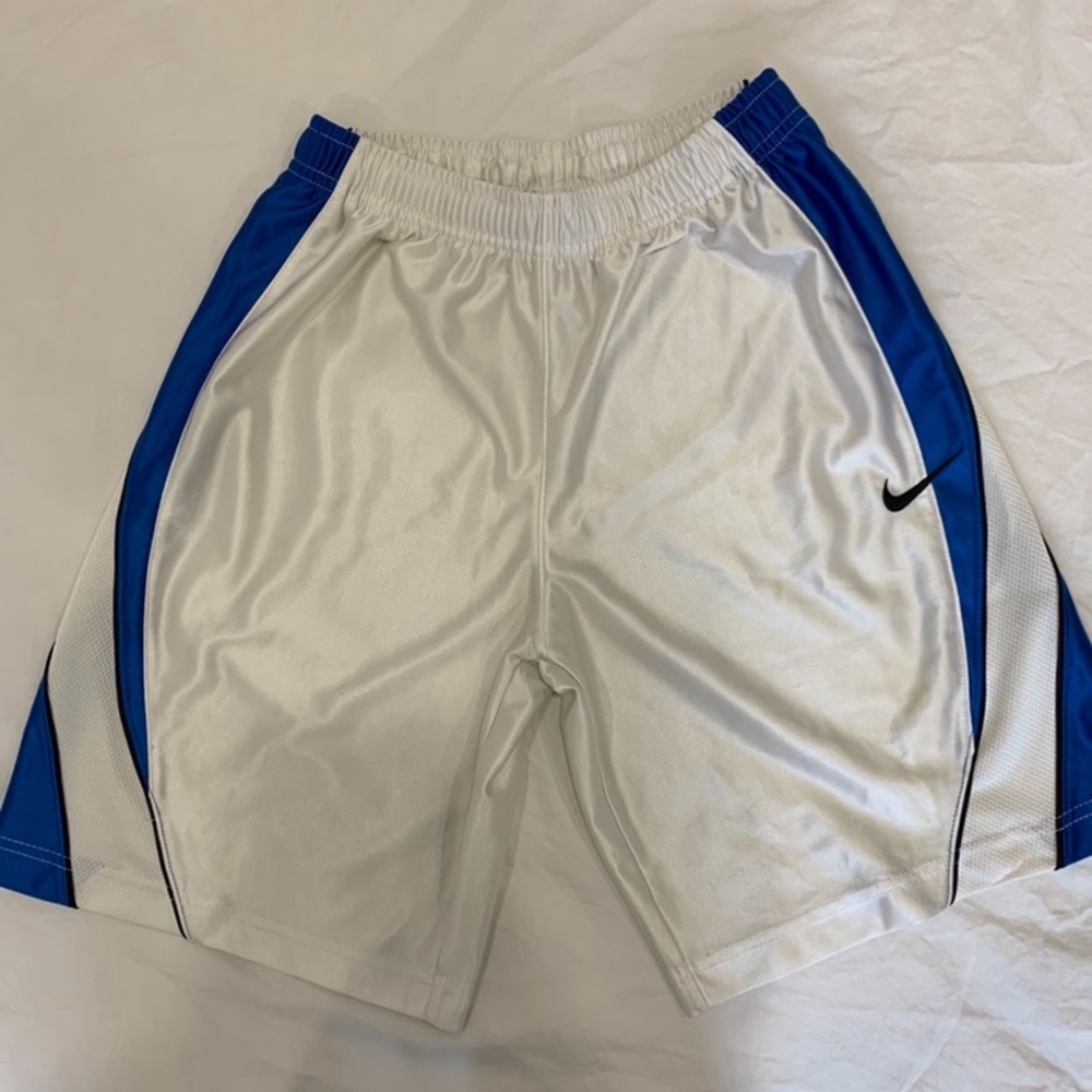 Blue/white unisex basketball shorts.